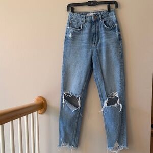 Zara Light Blue Distressed High Waister Straight Leg Jeans